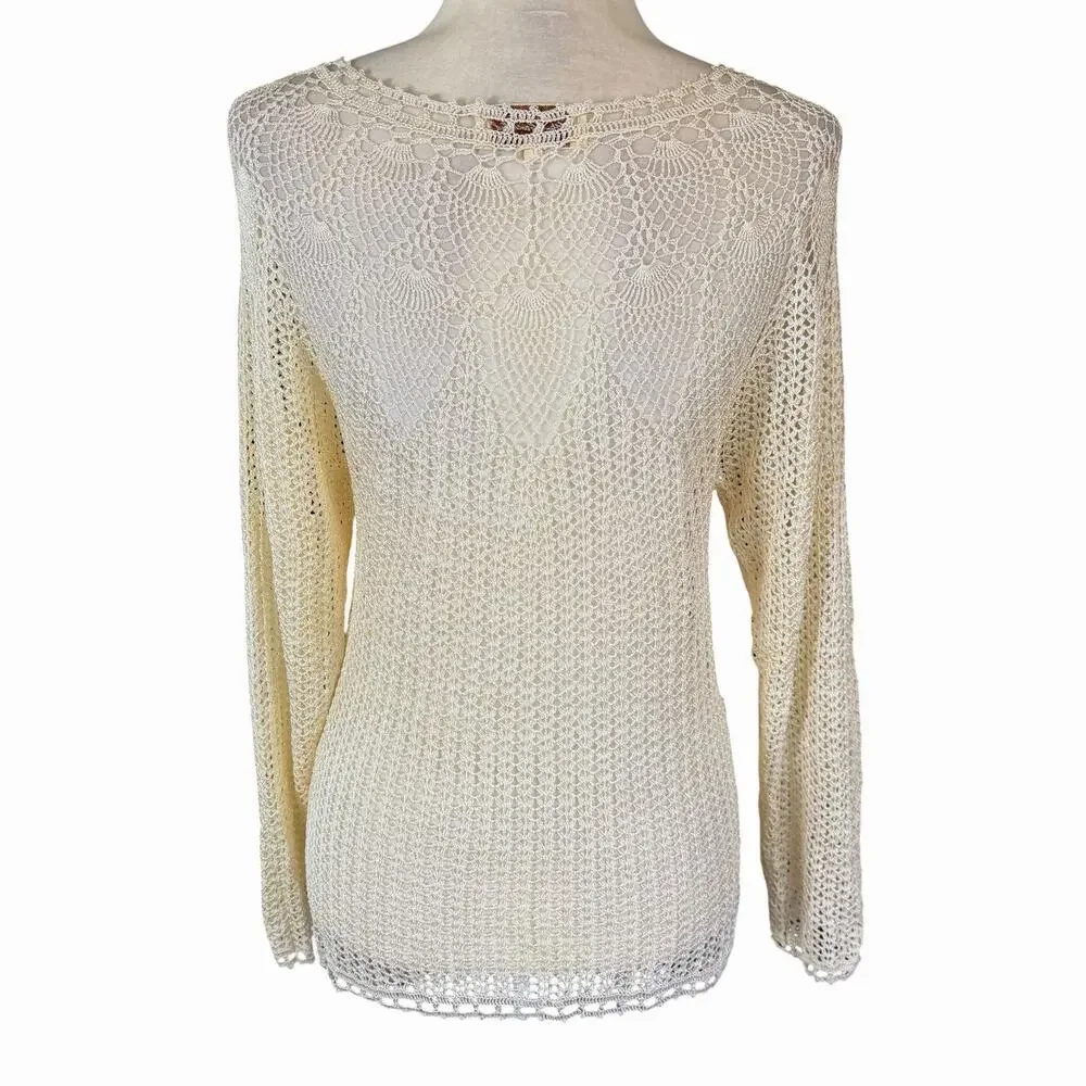 Vtg 70s Hand Crocheted Ivory Sweater Womens M Beaded Bohemian Boho Hippie